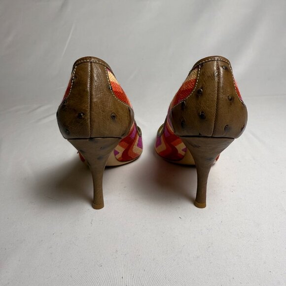 Prada | Size 37, US 7 | Pink, Red, and Purple Linen Heels with Brown Ostrich - Picture 6 of 7